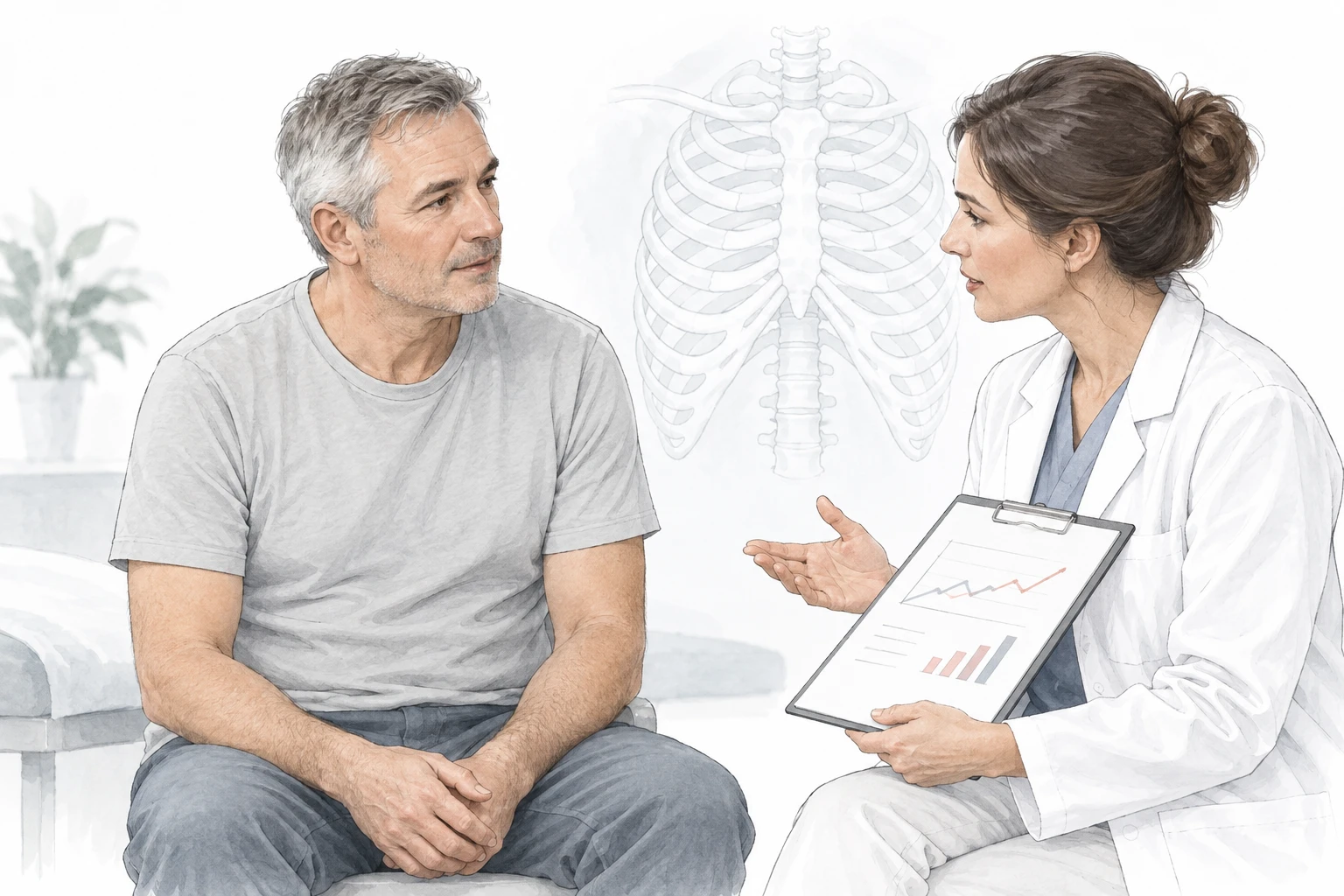 Patient and healthcare professional discussing research findings on rib fractures