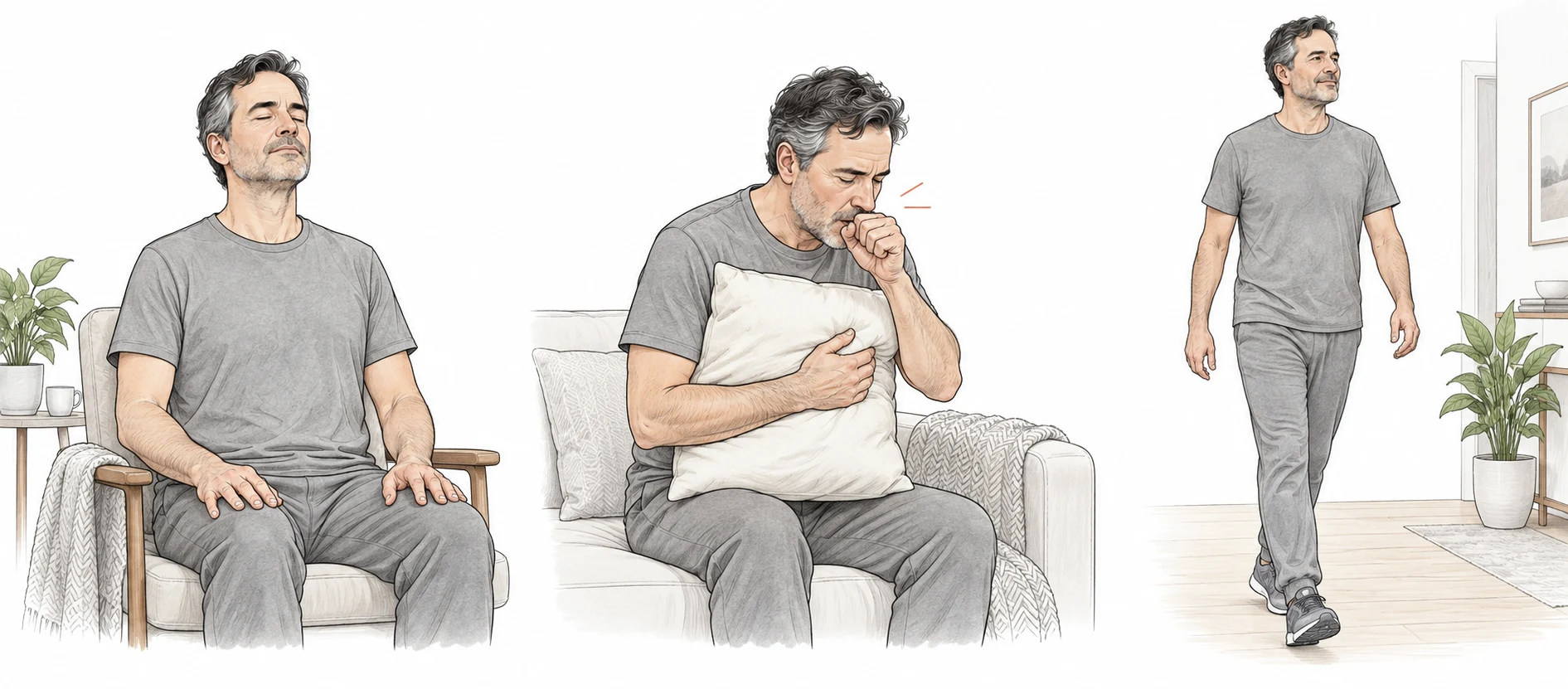 Illustration of recovery: breathing exercises, supported coughing, and gradual walking